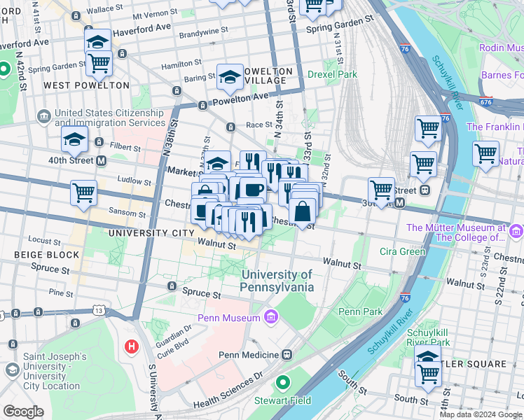 map of restaurants, bars, coffee shops, grocery stores, and more near 3401 Chestnut Street in Philadelphia