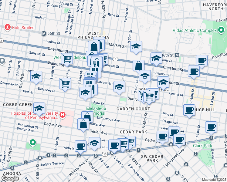 map of restaurants, bars, coffee shops, grocery stores, and more near 5034 Irving Street in Philadelphia