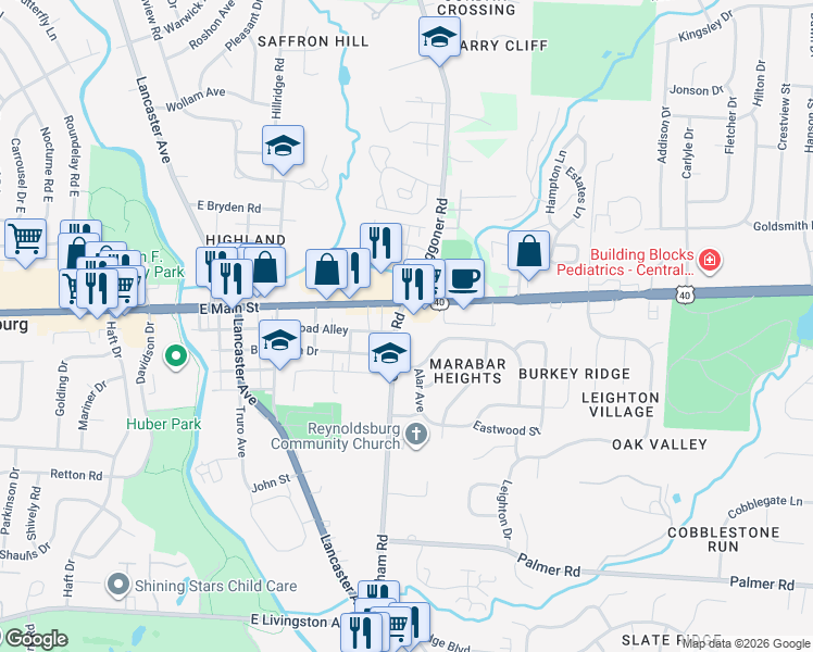 map of restaurants, bars, coffee shops, grocery stores, and more near 1492 Graham Road in Reynoldsburg