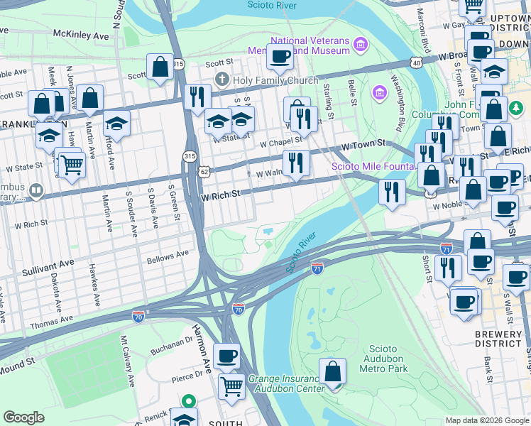 map of restaurants, bars, coffee shops, grocery stores, and more near 509 West Rich Street in Columbus