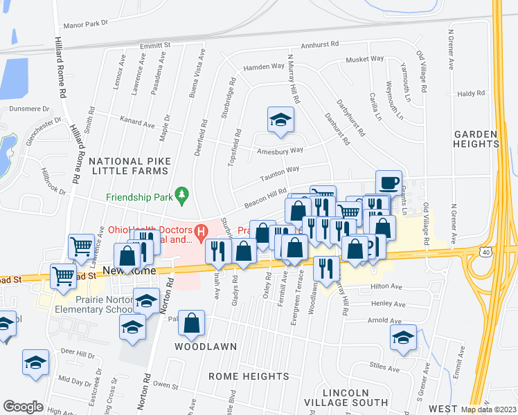 map of restaurants, bars, coffee shops, grocery stores, and more near 4971 Beacon Hill Road in Columbus