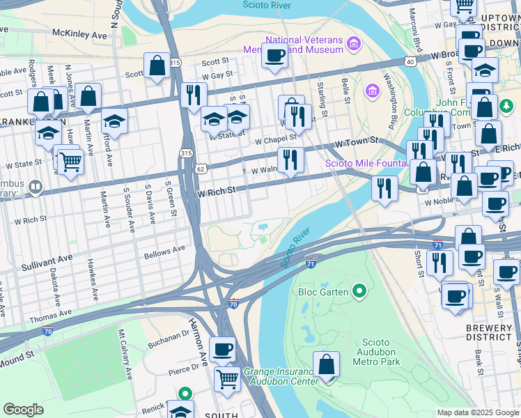 map of restaurants, bars, coffee shops, grocery stores, and more near 509 West Rich Street in Columbus