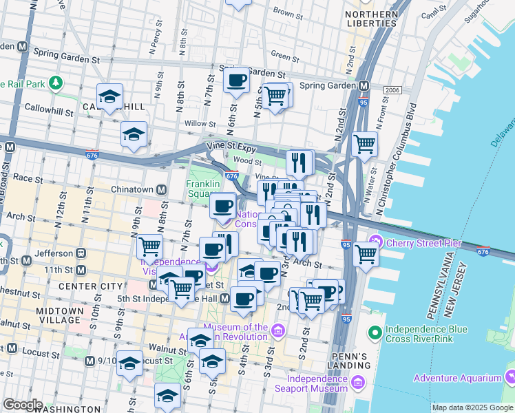 map of restaurants, bars, coffee shops, grocery stores, and more near 401 Race Street in Philadelphia