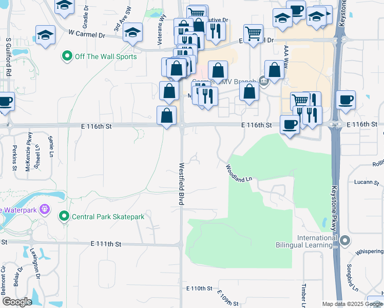 map of restaurants, bars, coffee shops, grocery stores, and more near 1737 Creekside Lane West in Carmel