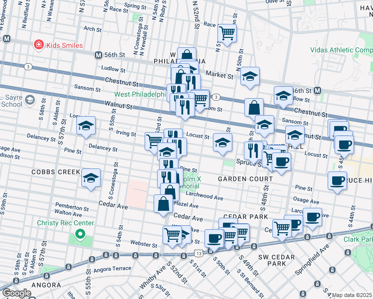 map of restaurants, bars, coffee shops, grocery stores, and more near 5135 Spruce Street in Philadelphia