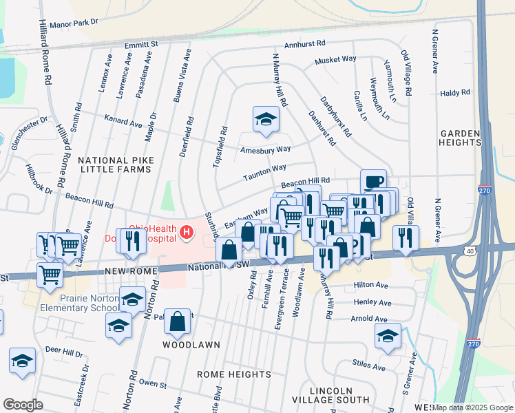 map of restaurants, bars, coffee shops, grocery stores, and more near 4936 Eastham Way in Columbus