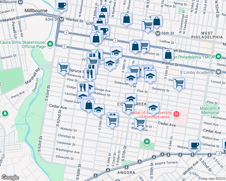 map of restaurants, bars, coffee shops, grocery stores, and more near 5802 Addison Street in Philadelphia