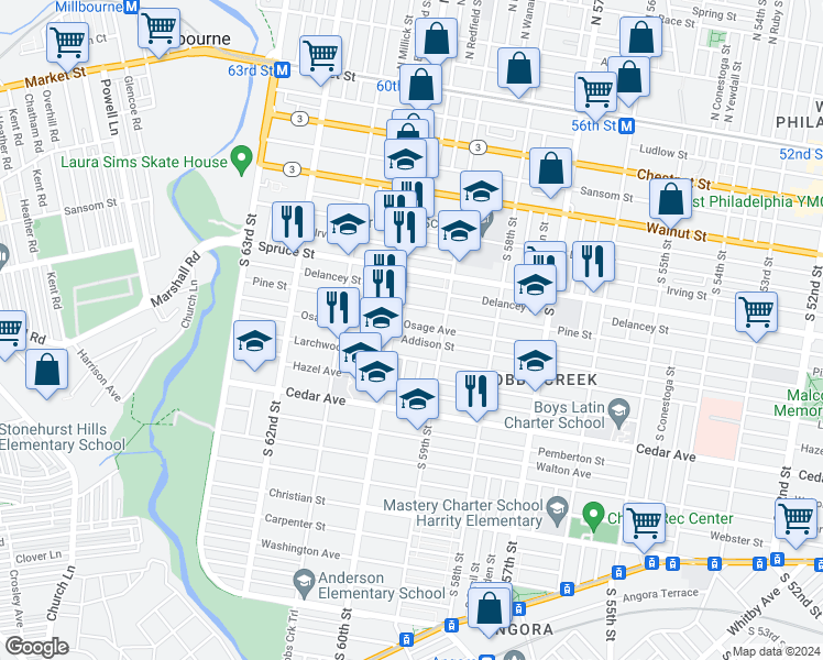 map of restaurants, bars, coffee shops, grocery stores, and more near 5944 Osage Avenue in Philadelphia