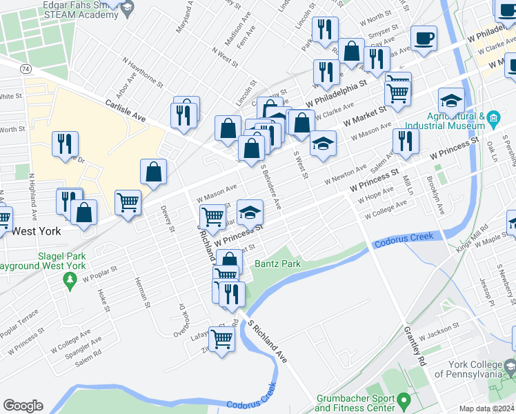 map of restaurants, bars, coffee shops, grocery stores, and more near 735 West Poplar Street in York