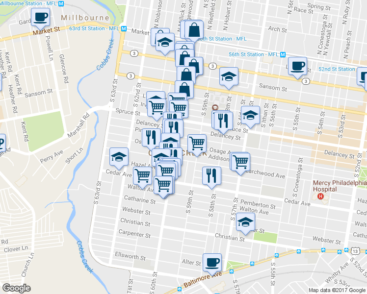 map of restaurants, bars, coffee shops, grocery stores, and more near 5946 Osage Avenue in Philadelphia