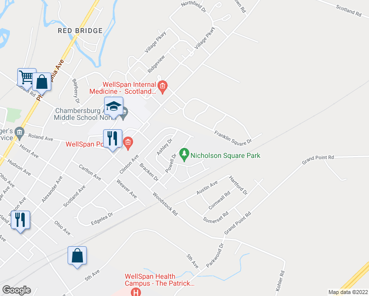 map of restaurants, bars, coffee shops, grocery stores, and more near 2028 Powell Drive in Chambersburg