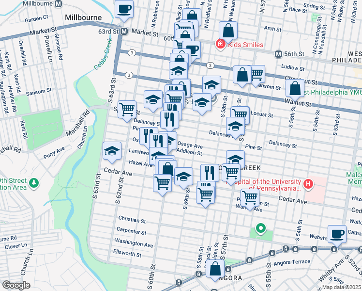 map of restaurants, bars, coffee shops, grocery stores, and more near 5944 Osage Avenue in Philadelphia