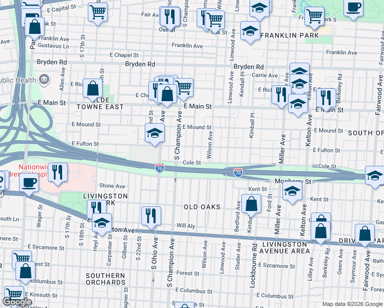 map of restaurants, bars, coffee shops, grocery stores, and more near 1146 Cole Street in Columbus