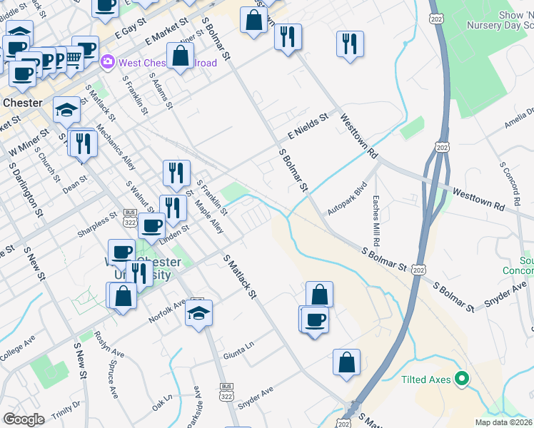 map of restaurants, bars, coffee shops, grocery stores, and more near 701 South Penn Street in West Chester