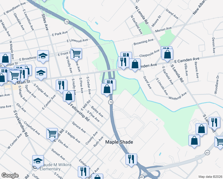 map of restaurants, bars, coffee shops, grocery stores, and more near Rte 73 in Maple Shade