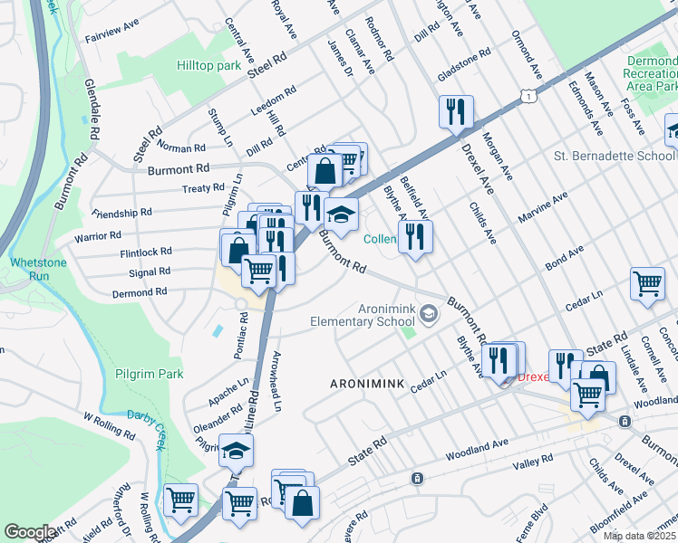 map of restaurants, bars, coffee shops, grocery stores, and more near 5005 Dermond Road in Upper Darby
