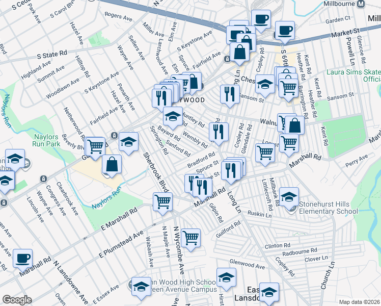 map of restaurants, bars, coffee shops, grocery stores, and more near 245 Bayard Road in Delaware County