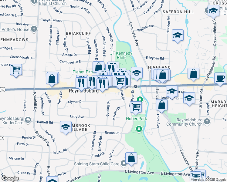 map of restaurants, bars, coffee shops, grocery stores, and more near 7112 East Main Street in Reynoldsburg