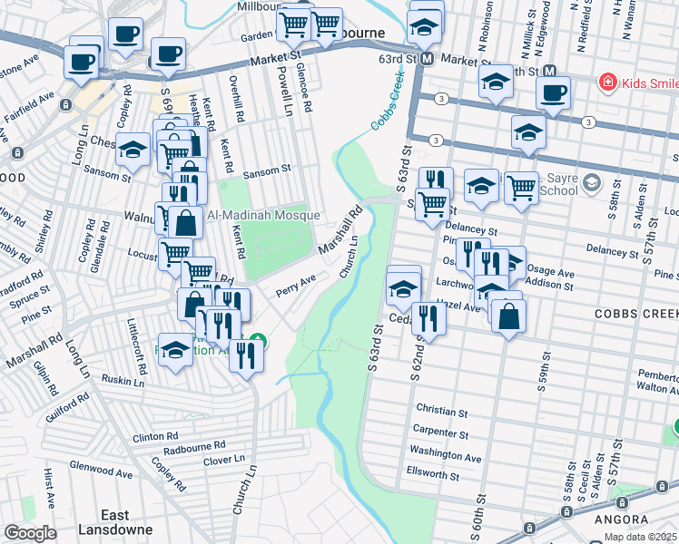 map of restaurants, bars, coffee shops, grocery stores, and more near 6635 Church Lane in Upper Darby