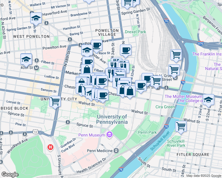 map of restaurants, bars, coffee shops, grocery stores, and more near 3347 Chestnut Street in Philadelphia