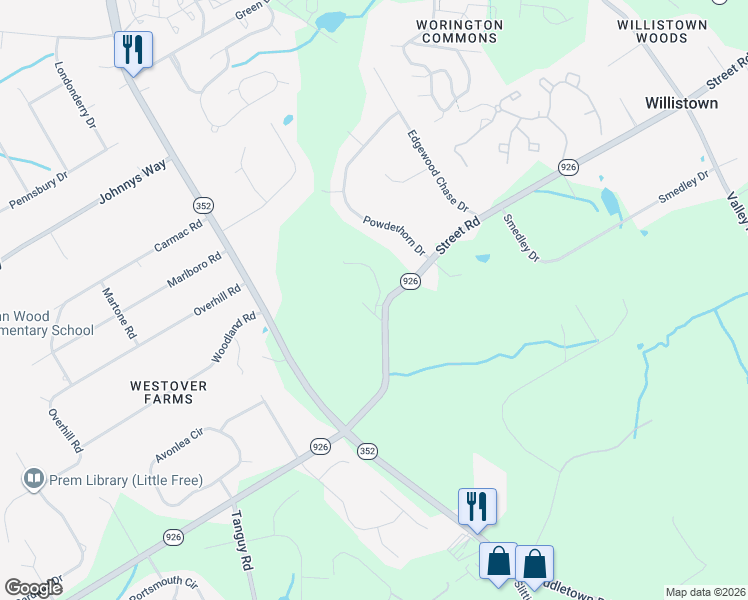 map of restaurants, bars, coffee shops, grocery stores, and more near 1631 Street Road in Glen Mills