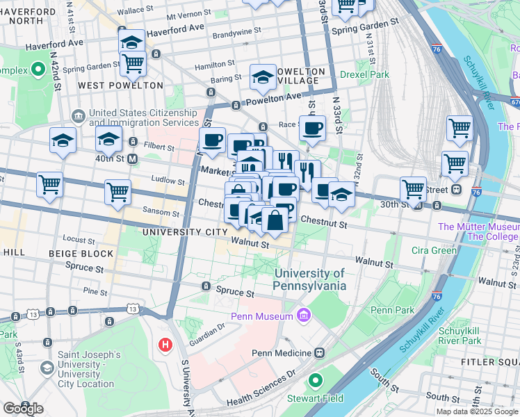 map of restaurants, bars, coffee shops, grocery stores, and more near 3549 Chestnut Street in Philadelphia