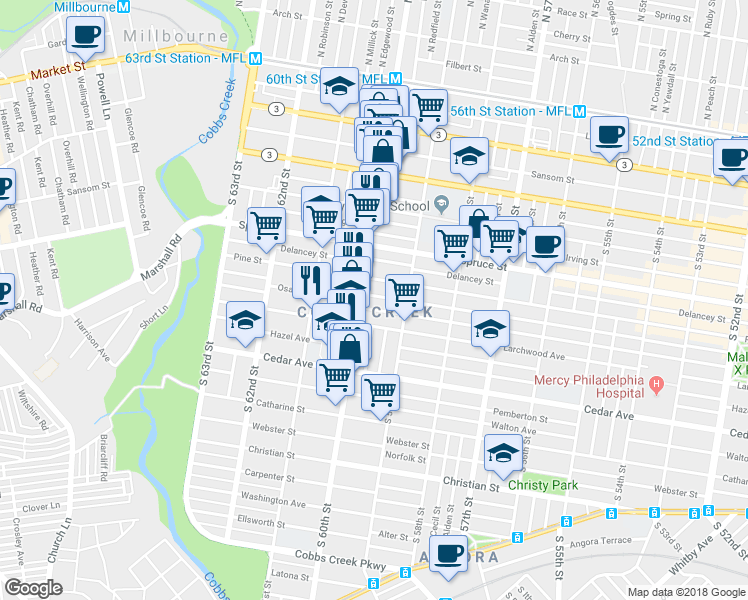 map of restaurants, bars, coffee shops, grocery stores, and more near 5950 Osage Avenue in Philadelphia