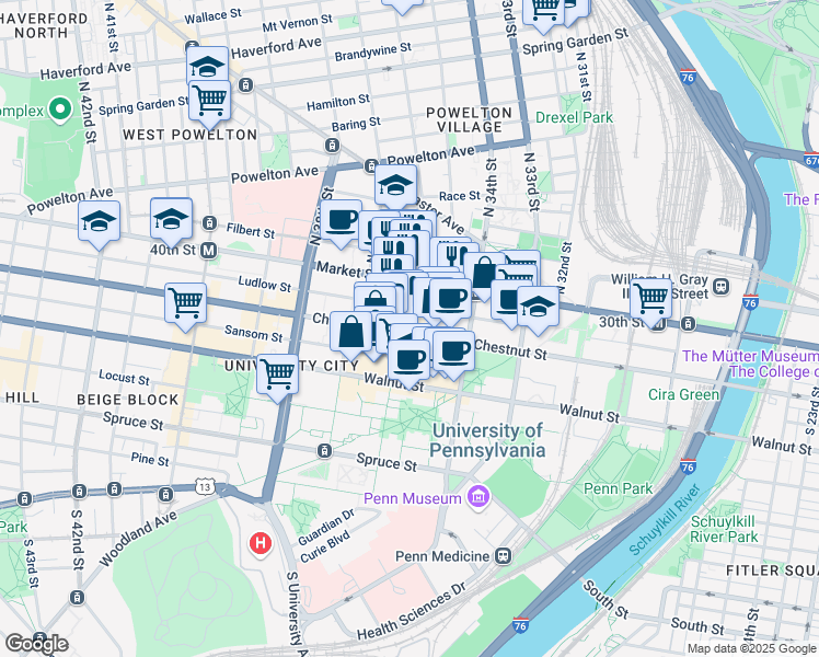 map of restaurants, bars, coffee shops, grocery stores, and more near 3549 Chestnut Street in Philadelphia