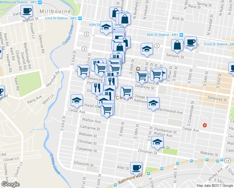 map of restaurants, bars, coffee shops, grocery stores, and more near 5950 Osage Avenue in Philadelphia