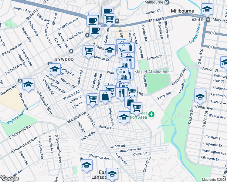 map of restaurants, bars, coffee shops, grocery stores, and more near 345 Maypole Road in Upper Darby