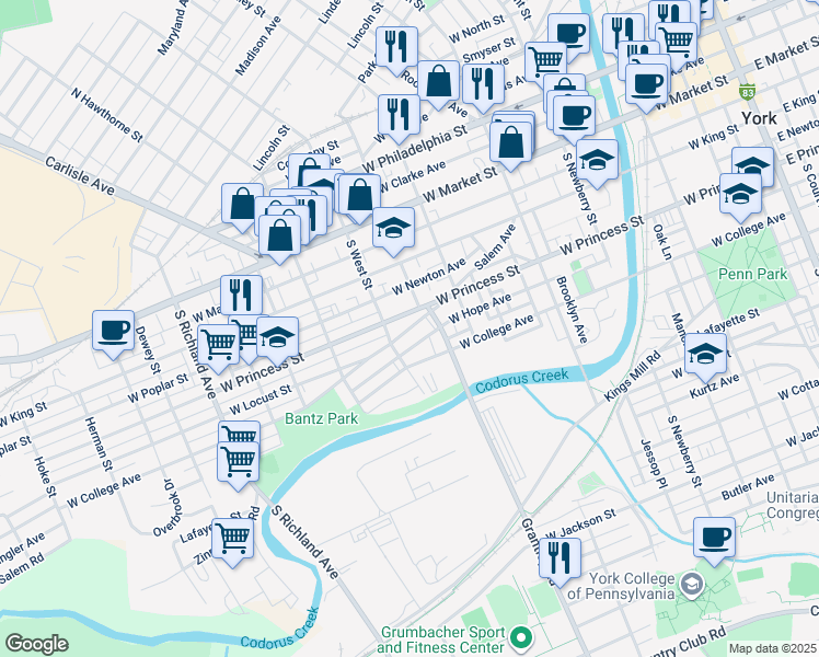 map of restaurants, bars, coffee shops, grocery stores, and more near 529 Salem Avenue in York