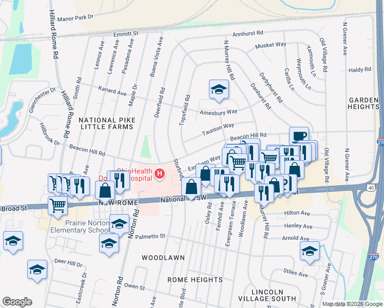 map of restaurants, bars, coffee shops, grocery stores, and more near 5005 Beacon Hill Road in Columbus