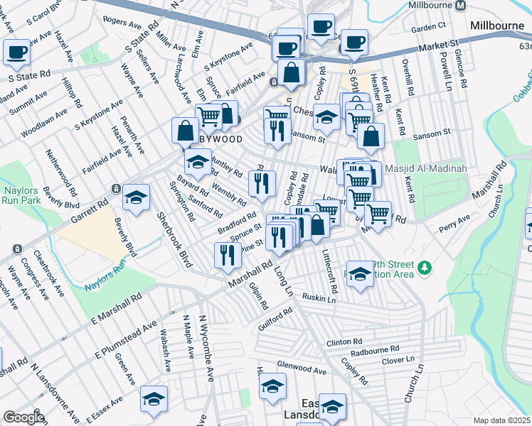 map of restaurants, bars, coffee shops, grocery stores, and more near 14190 Locust Street in Upper Darby