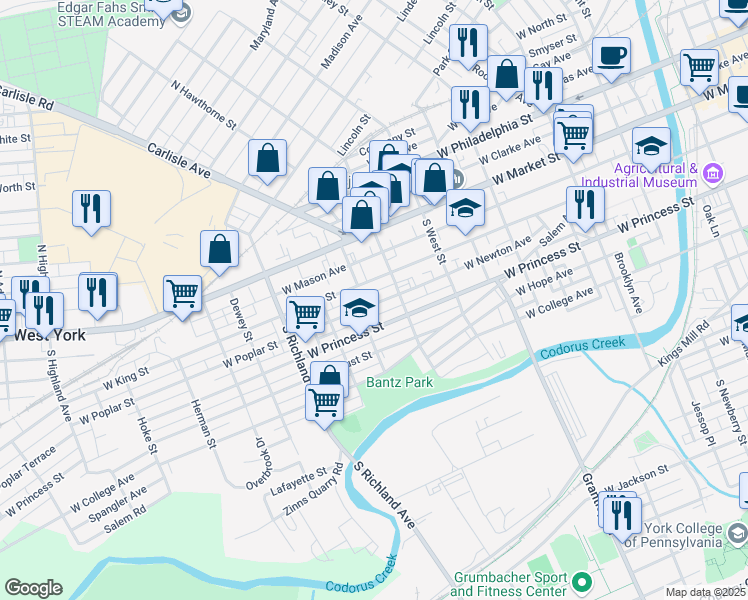 map of restaurants, bars, coffee shops, grocery stores, and more near 731 West Poplar Street in York