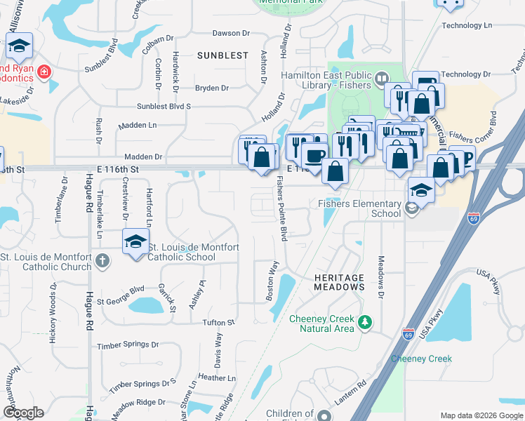 map of restaurants, bars, coffee shops, grocery stores, and more near Jo Ellen Drive in Fishers