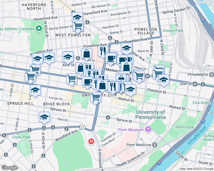 map of restaurants, bars, coffee shops, grocery stores, and more near in Philadelphia