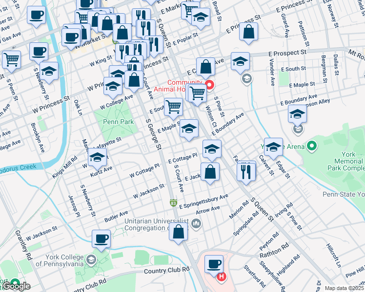 map of restaurants, bars, coffee shops, grocery stores, and more near 618 South Duke Street in York