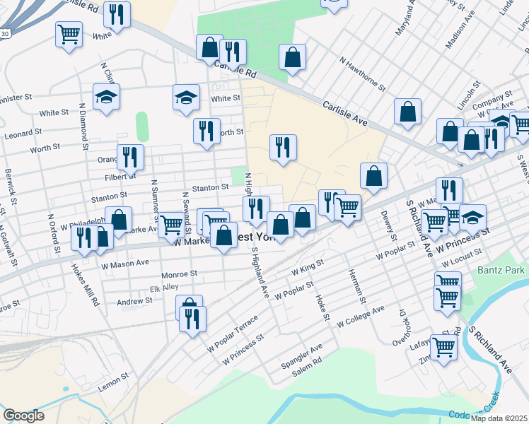 map of restaurants, bars, coffee shops, grocery stores, and more near 1321 West Philadelphia Street in West York
