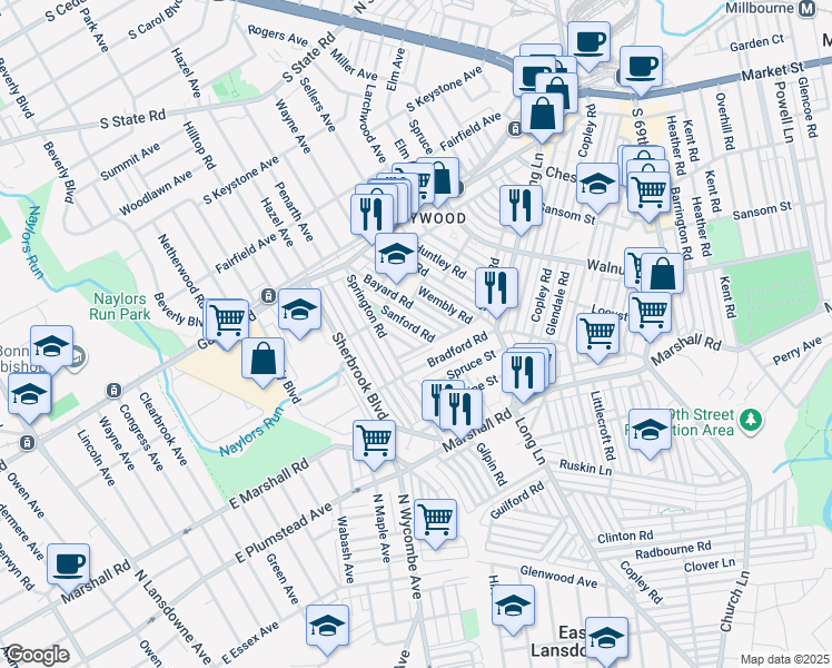 map of restaurants, bars, coffee shops, grocery stores, and more near 234 Sanford Road in Upper Darby