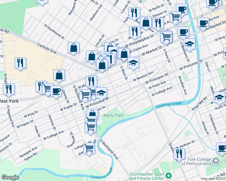 map of restaurants, bars, coffee shops, grocery stores, and more near 702 West Poplar Street in York