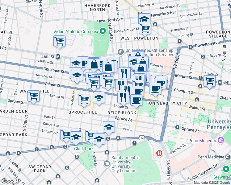map of restaurants, bars, coffee shops, grocery stores, and more near 4113 Walnut Street in Philadelphia