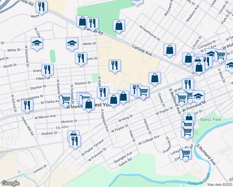 map of restaurants, bars, coffee shops, grocery stores, and more near 15 North Pearl Street in West York