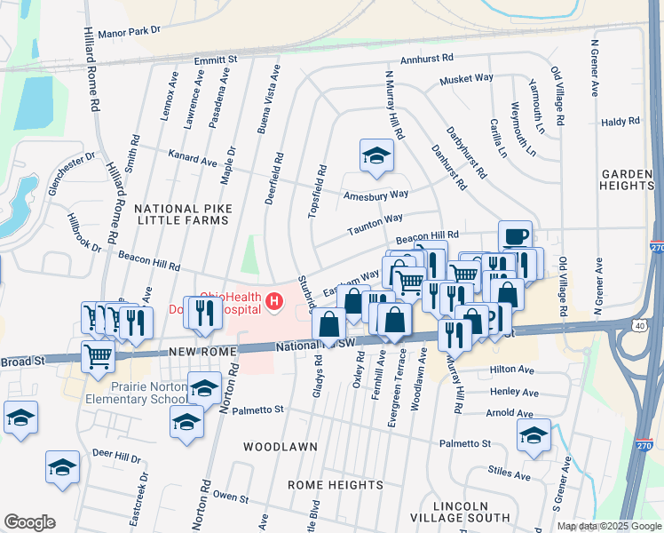 map of restaurants, bars, coffee shops, grocery stores, and more near 5003 Beacon Hill Road in Columbus