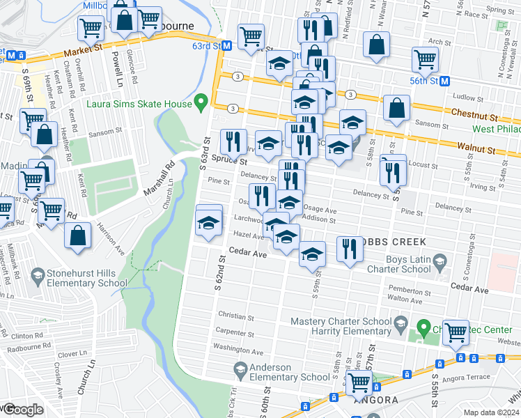 map of restaurants, bars, coffee shops, grocery stores, and more near 428 South 61st Street in Philadelphia