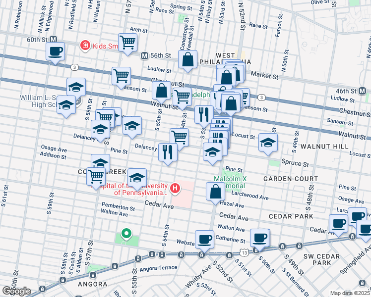 map of restaurants, bars, coffee shops, grocery stores, and more near 5334 Spruce Street in Philadelphia