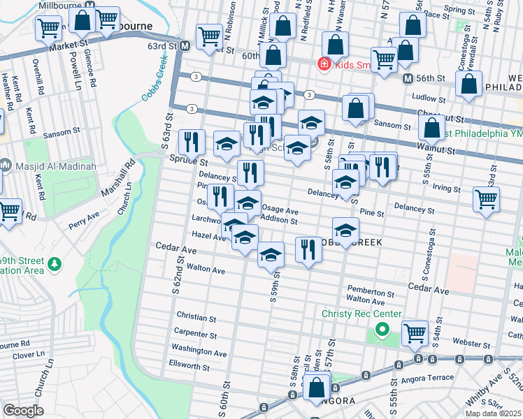 map of restaurants, bars, coffee shops, grocery stores, and more near 5956 Osage Avenue in Philadelphia