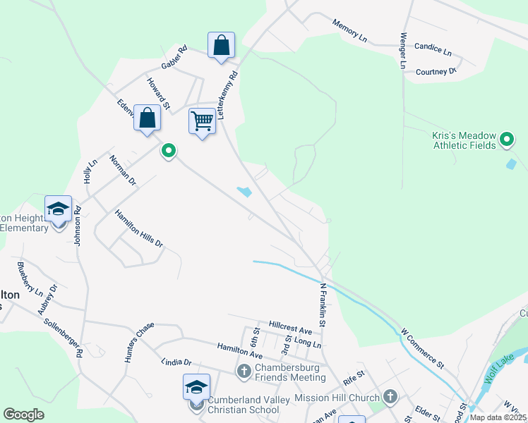 map of restaurants, bars, coffee shops, grocery stores, and more near 1039 Edenville Road in Chambersburg