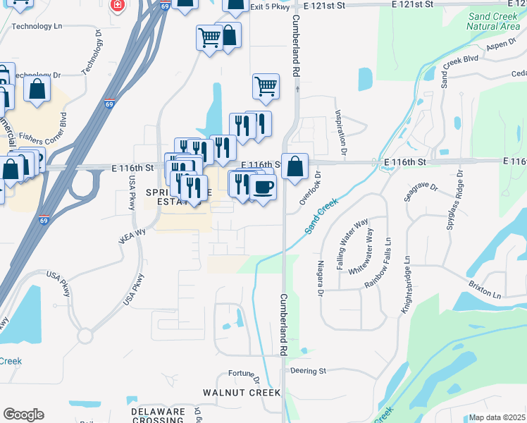 map of restaurants, bars, coffee shops, grocery stores, and more near 9799 East 116th Street in Fishers