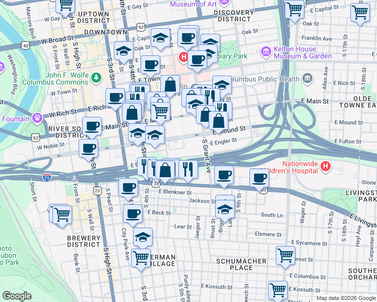 map of restaurants, bars, coffee shops, grocery stores, and more near 306 East Fulton Street in Columbus