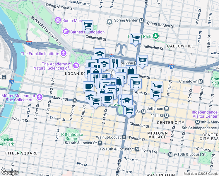 map of restaurants, bars, coffee shops, grocery stores, and more near Arch Street in Philadelphia